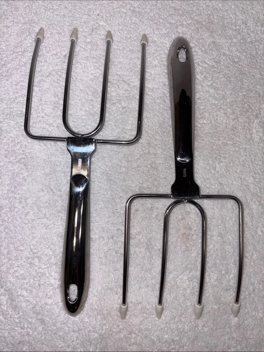 All clad  Stainless turkey lifter forks with White Tip Protectors